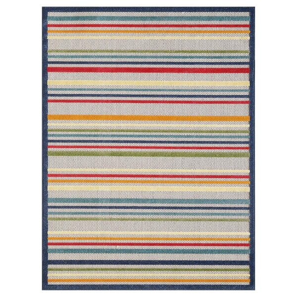 Homeroots 8 x 10 ft. Navy Colorful Striped Indoor or Outdoor Area Rug Ivory 475539 - main